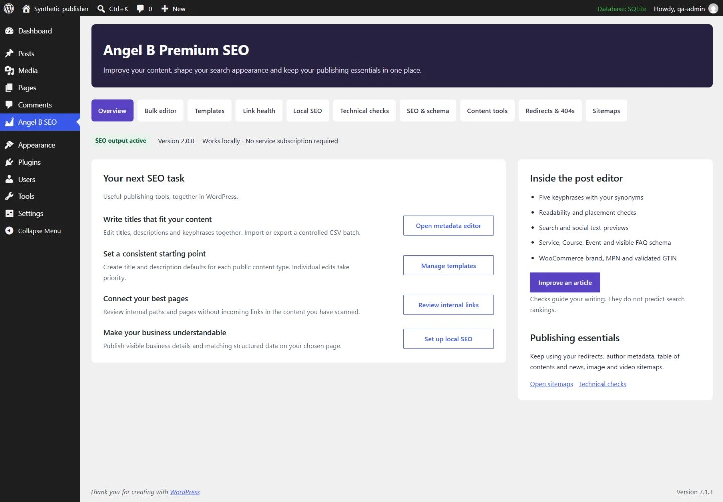 Actual Angel B Premium SEO dashboard in an isolated synthetic WordPress site