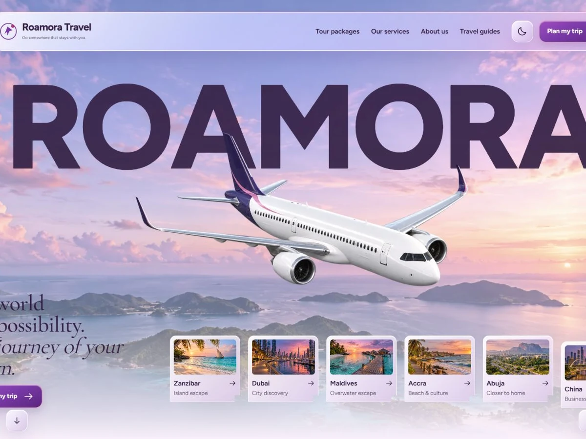 Actual Roamora Travel homepage with purple and pink sky, new aircraft and destination previews